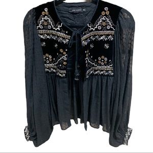 ZARA WOMAN sheer black jeweled boho top